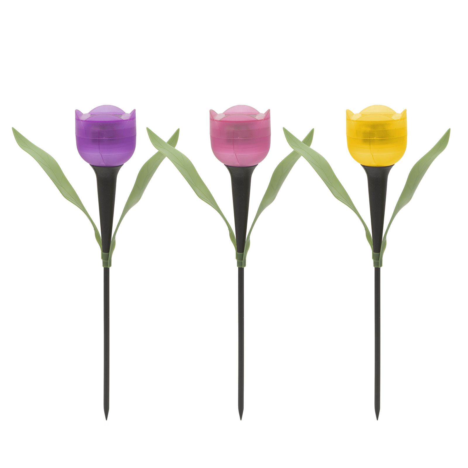 Három napelemes tulipánlámpa lila, rózsaszín és sárga színben.