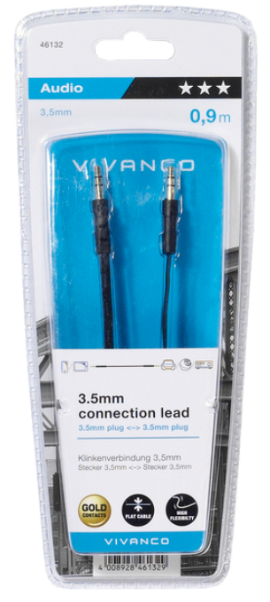 Ein 3,5-mm-Audiokabel in einer Kunststoffverpackung, das die Stecker und die Details des Kabels zeigt.
