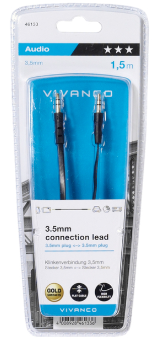 Audiokabel-Verpackung. Schwarzes Kabel mit Goldanschlüssen. Blaue und weiße Verpackung.