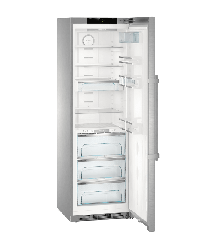 Stainless steel refrigerator with open door. Glass shelves, drawers inside. Black background.
