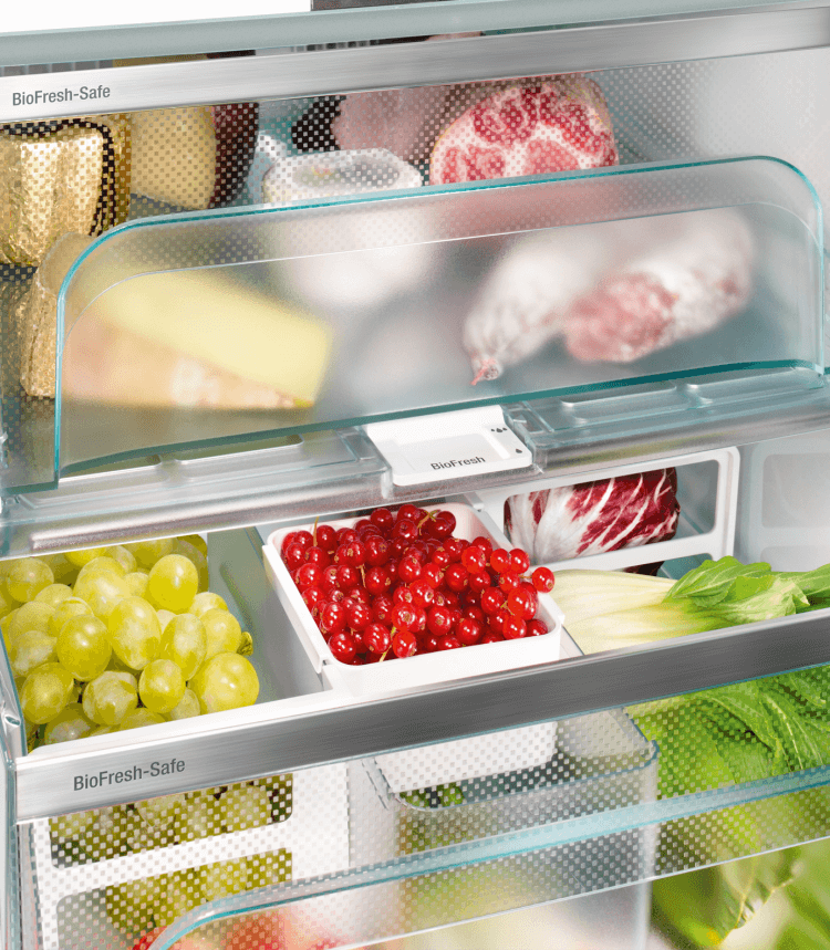 Inside a refrigerator with various food items including grapes, cheese, and red currants.