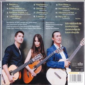 Rückseite einer CD mit drei Personen, die Gitarren halten. Text und Titelliste darauf.