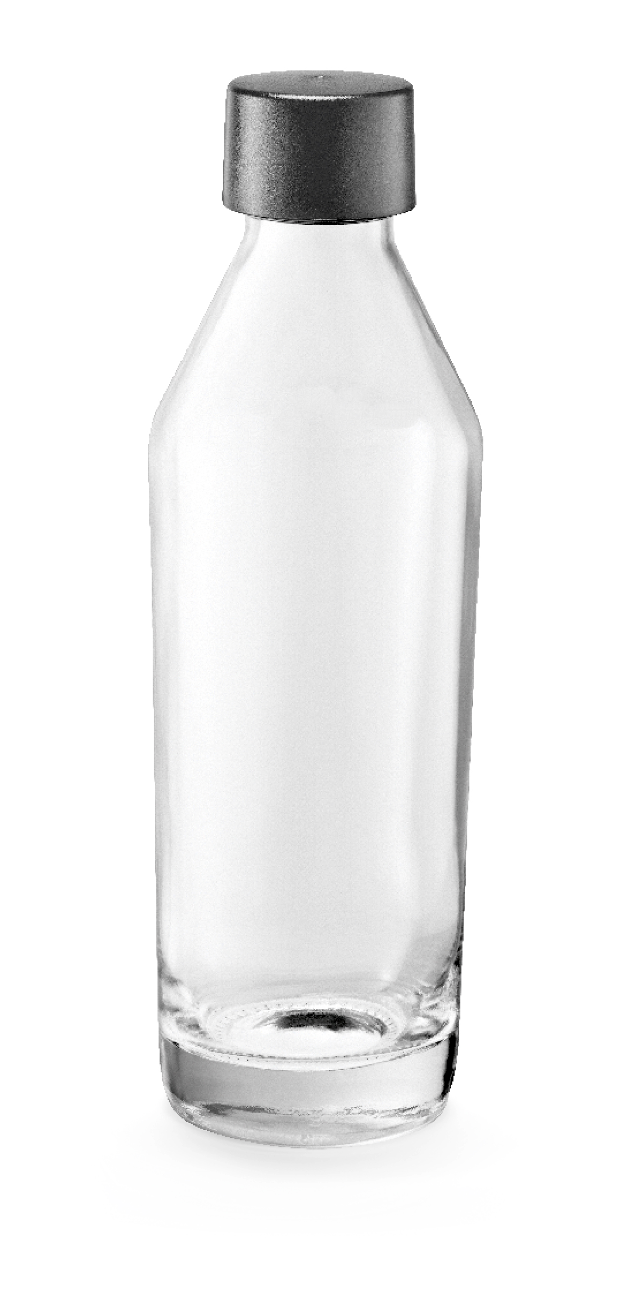 Klare Glasflasche mit schwarzem Deckel, aufrecht stehend, isoliert auf weißem Hintergrund.