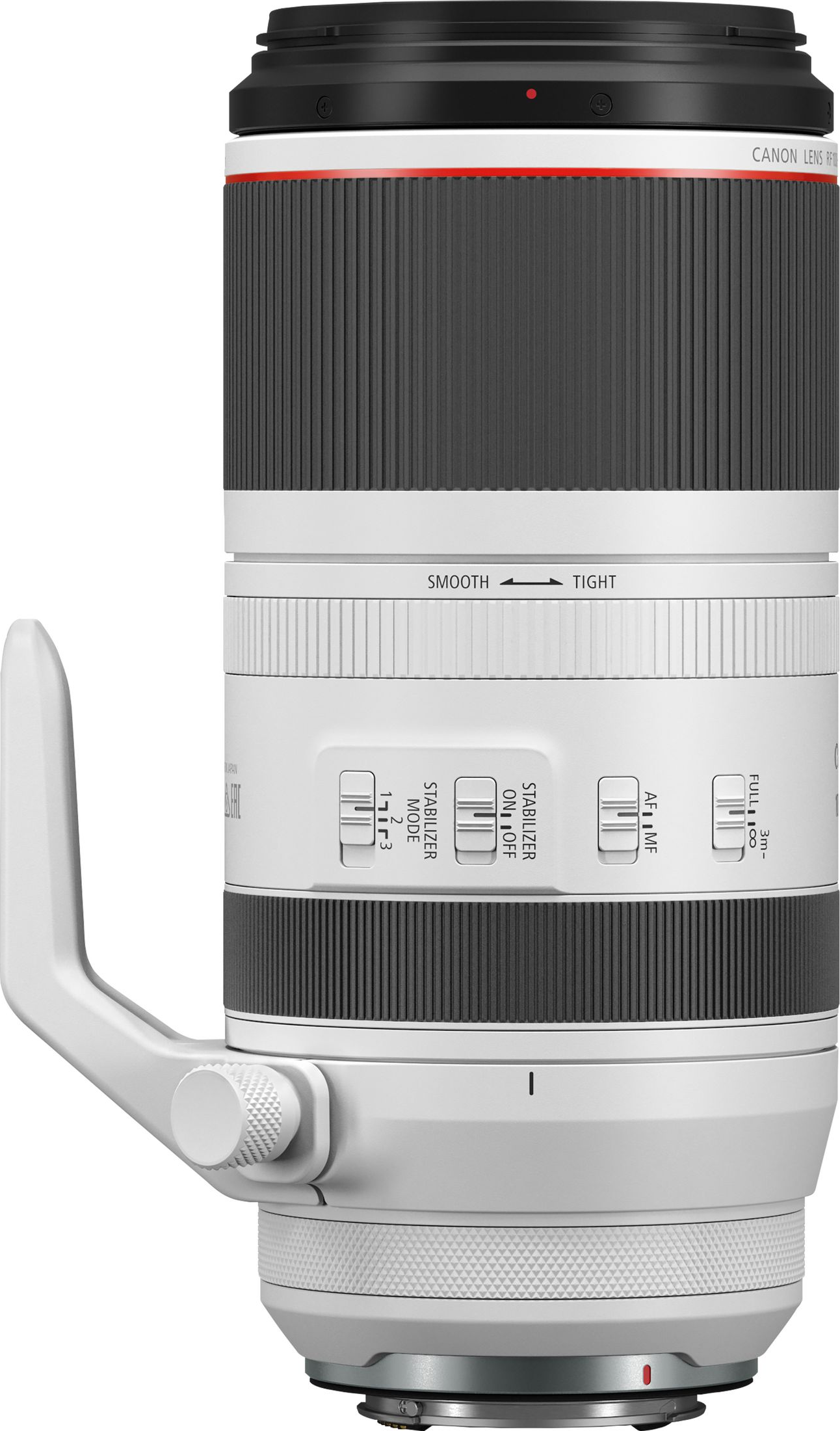 Obiettivo fotocamera bianco e nero con anelli di regolazione e paraluce.