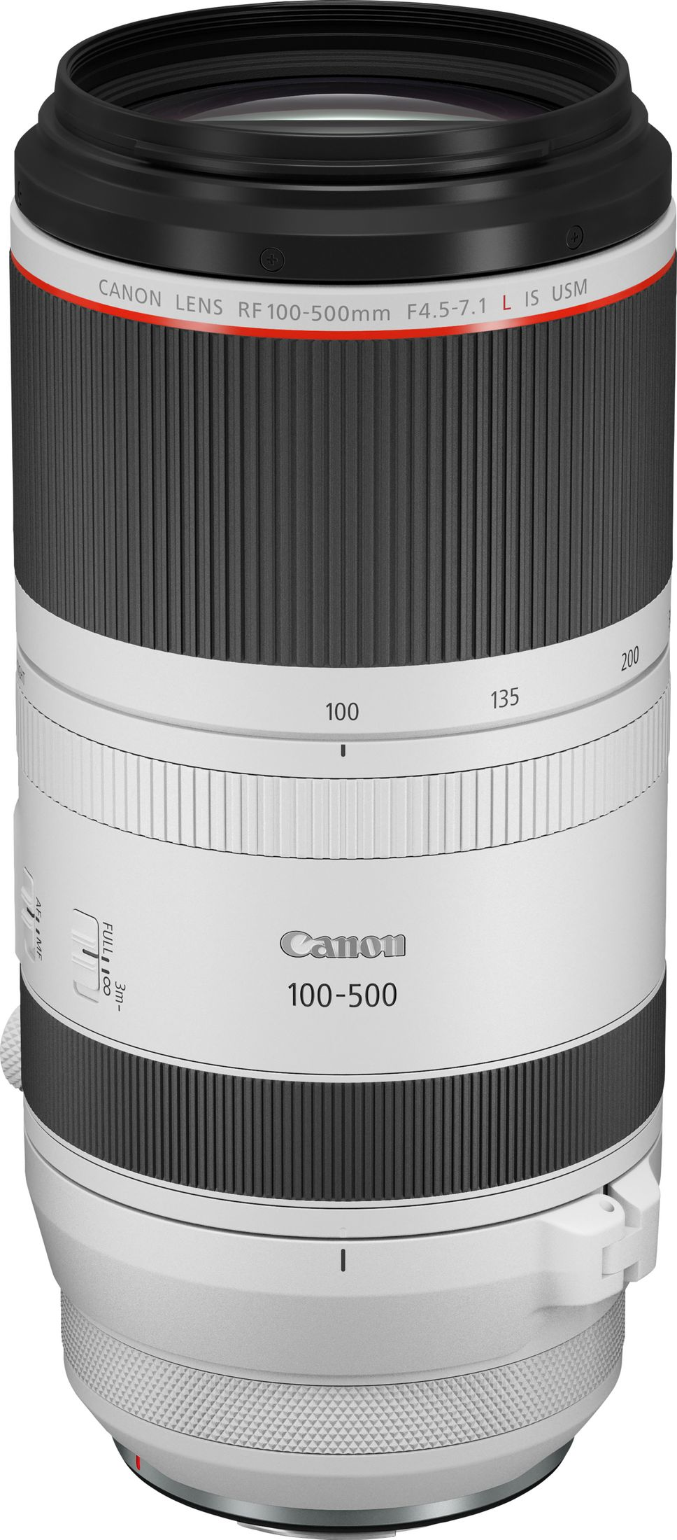 Obiettivo Canon 100-500mm. Nero e bianco con anello rosso. Sfondo bianco.