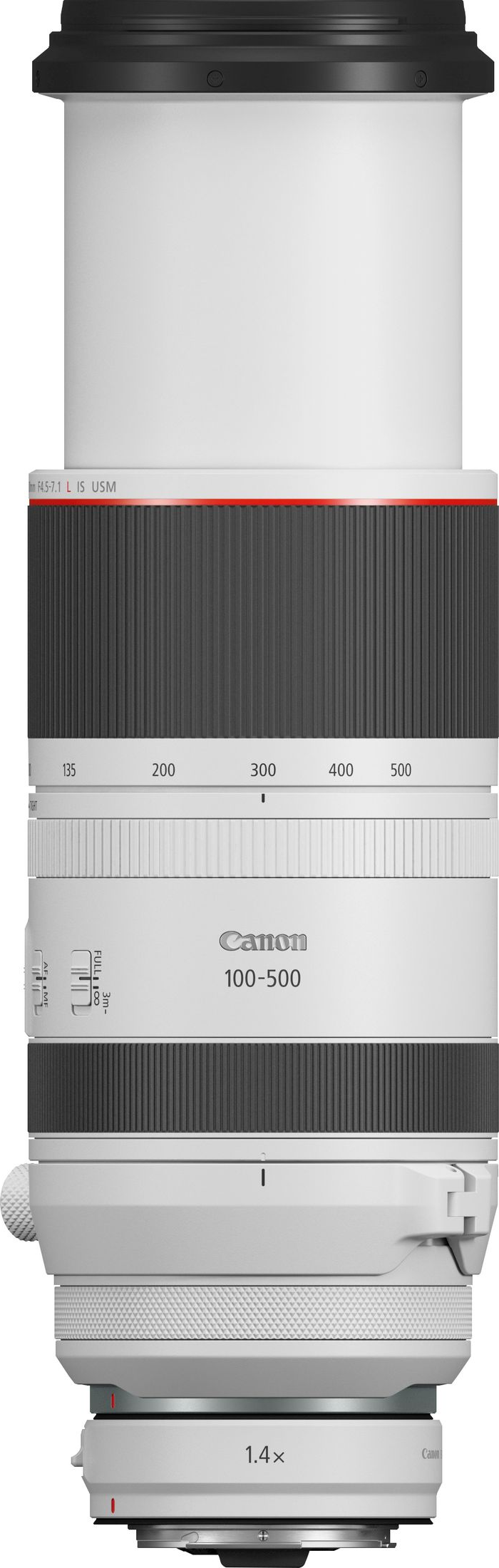 Un obiettivo per fotocamera Canon bianco e nero con dettagli rossi, varie marcature e un tappo nero.