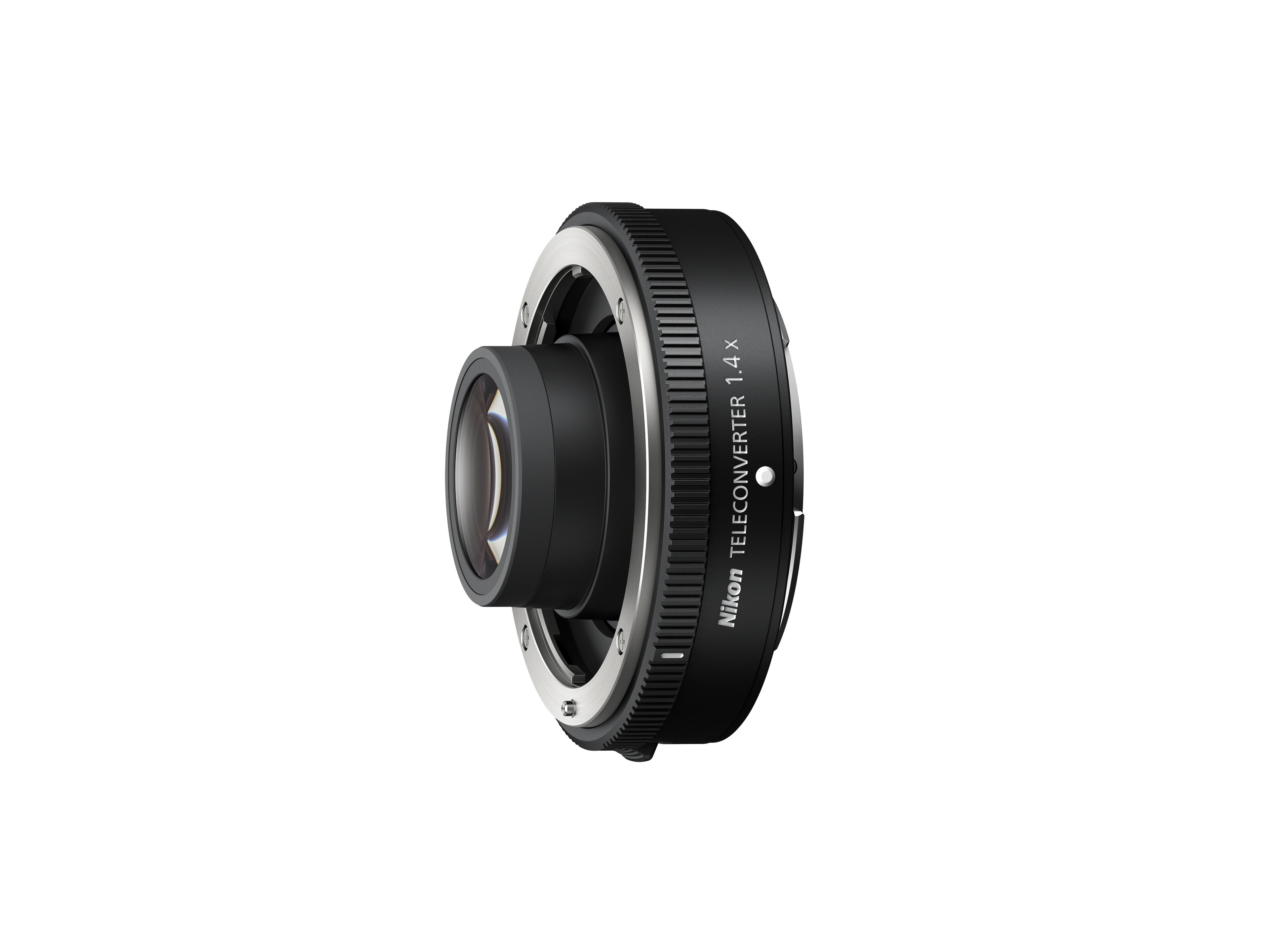 Schwarzer Nikon-Telekonverter auf weißem Hintergrund.