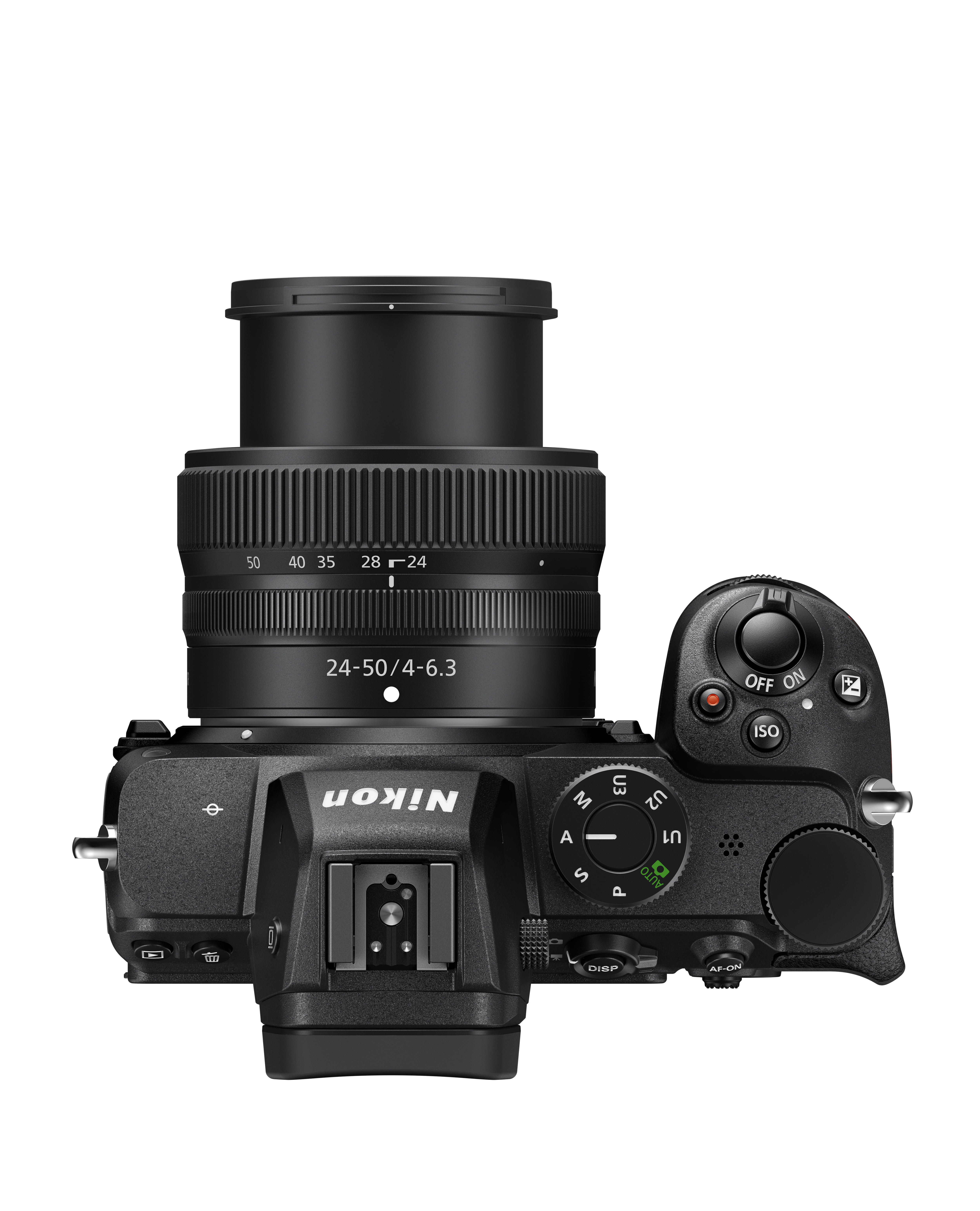 Schwarze Nikon-Kamera, Draufsicht, mit Objektiv. Verschiedene Knöpfe und Räder sind sichtbar.