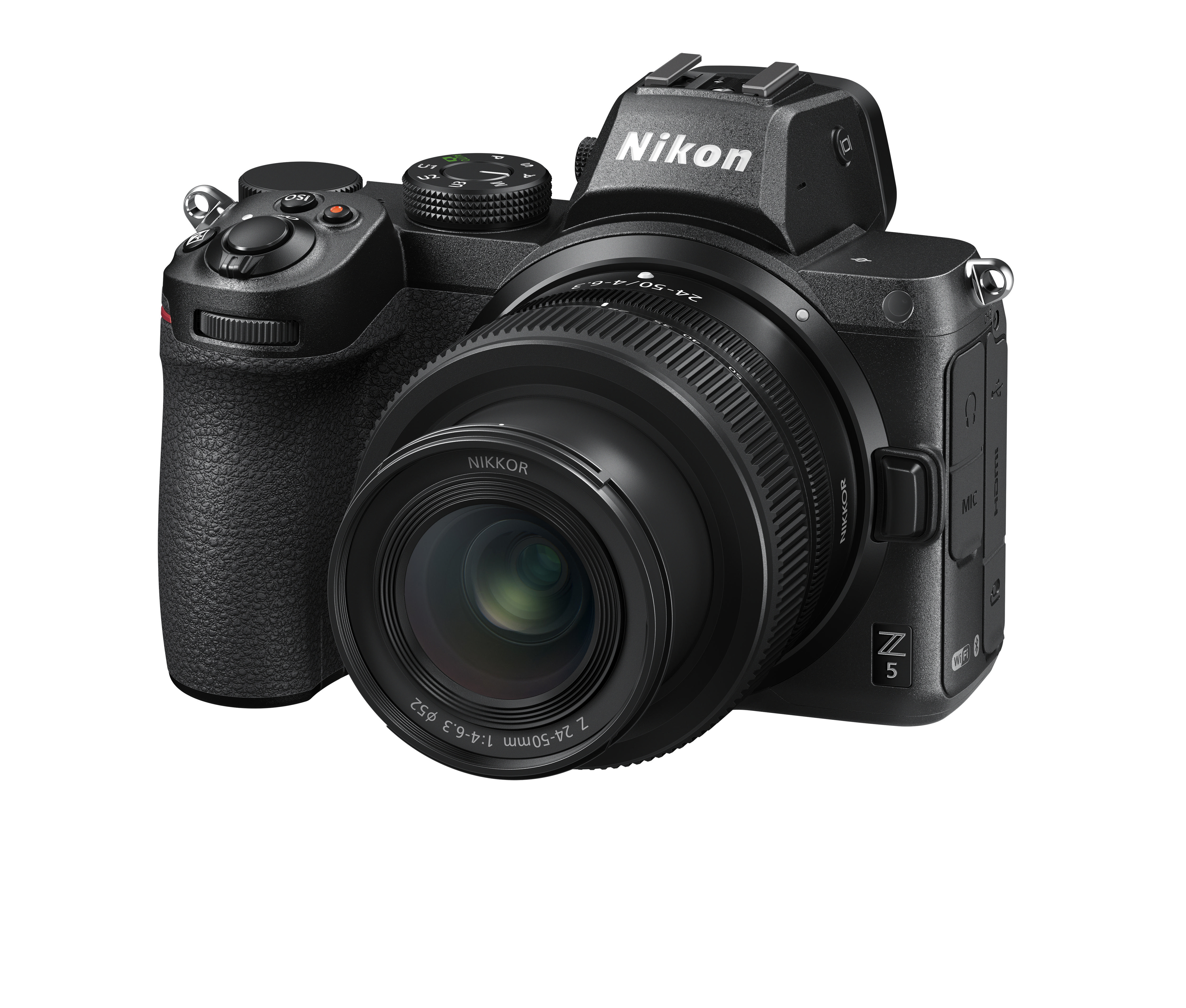 Nikon Z 5 Kamera, schwarzer Body, Objektiv angebracht, Draufsicht, weißer Hintergrund.