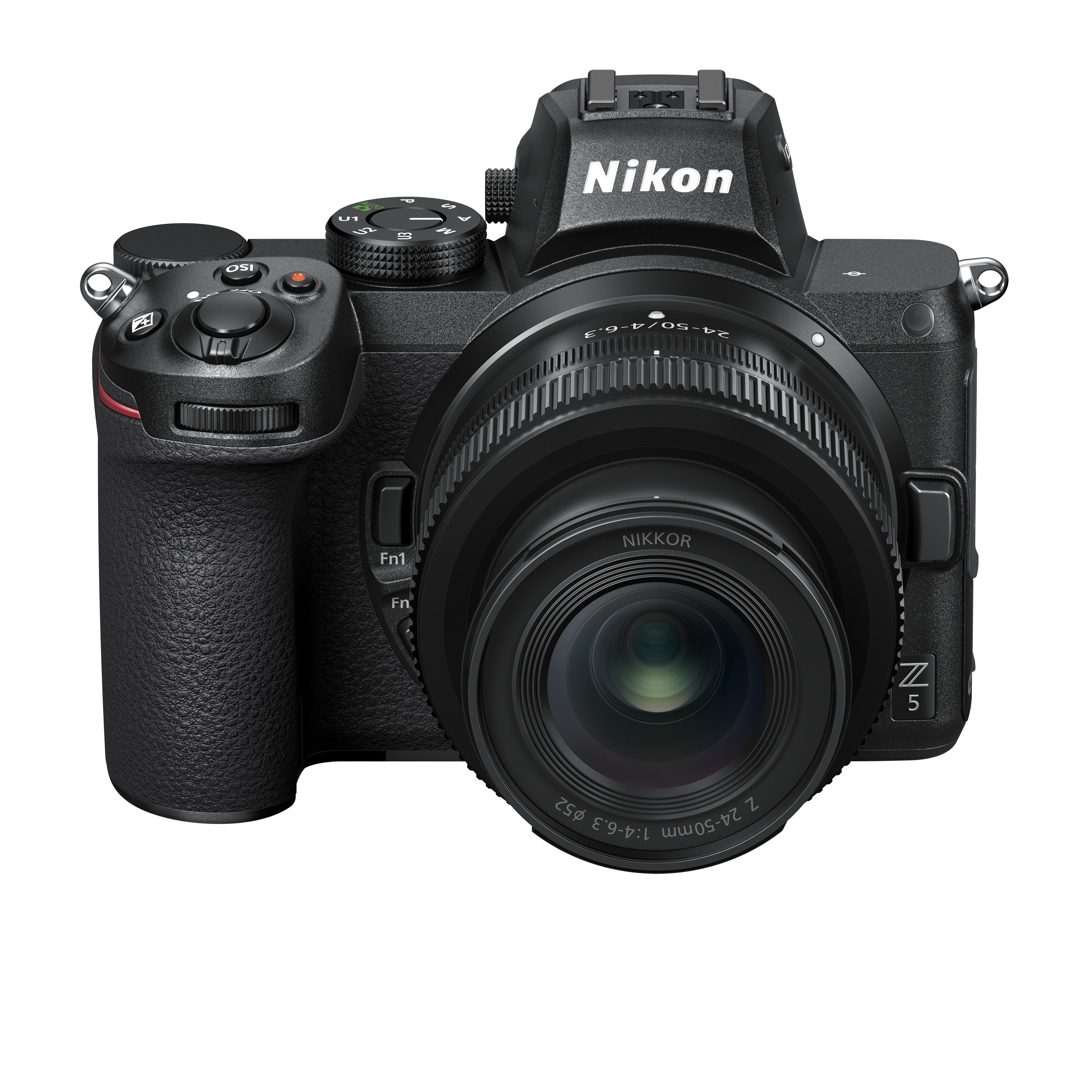 Schwarze Nikon Z 5 Kamera mit Objektiv, verschiedene Knöpfe sichtbar.