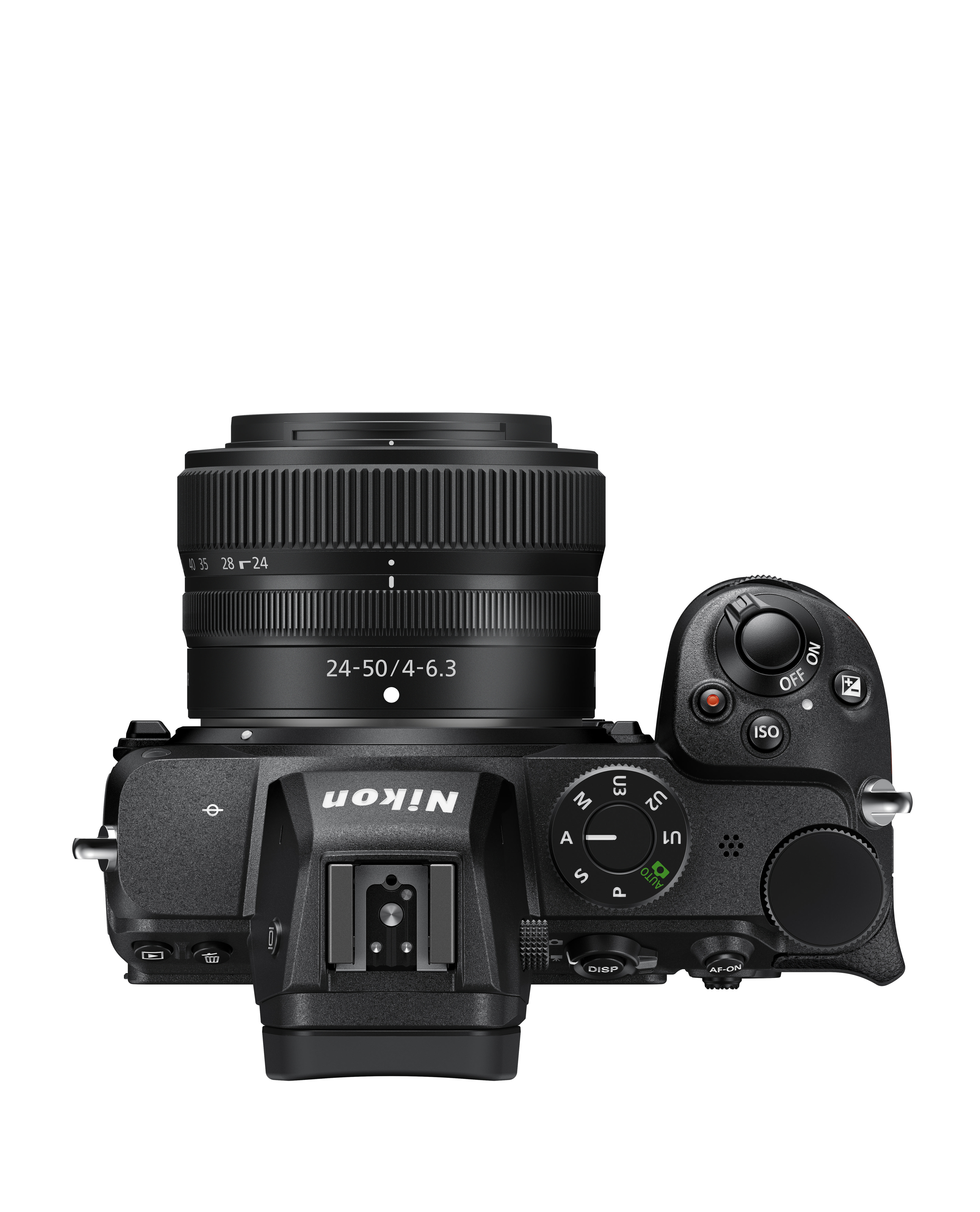 Schwarze Nikon-Kamera, Draufsicht, mit Objektiv. Die Kamera ist auf weißem Hintergrund.