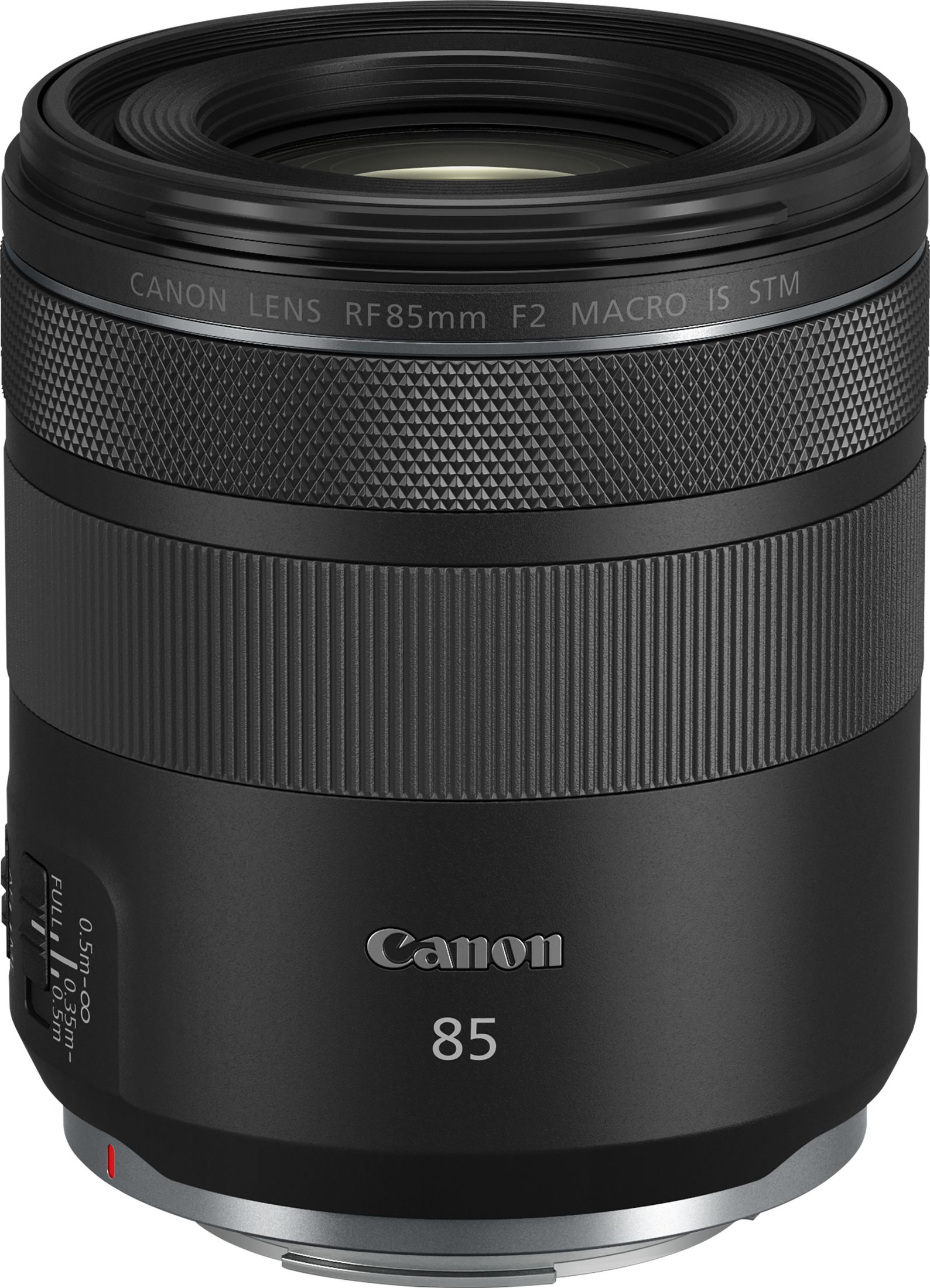 Obiettivo Canon nero con anello argentato e testo. Impugnatura nera a coste, testo Canon 85. Segno rosso.