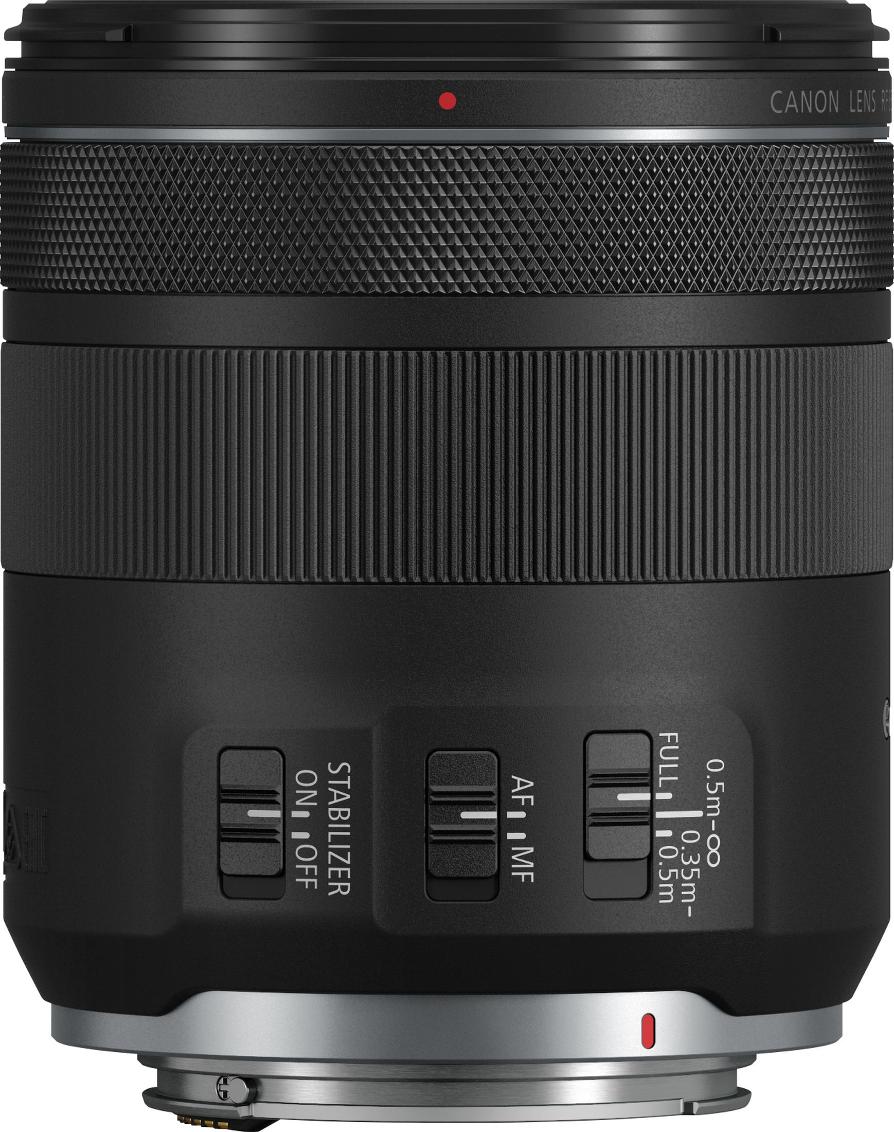 Un obiettivo per fotocamera Canon nero con anelli di controllo, pulsanti e un punto rosso.