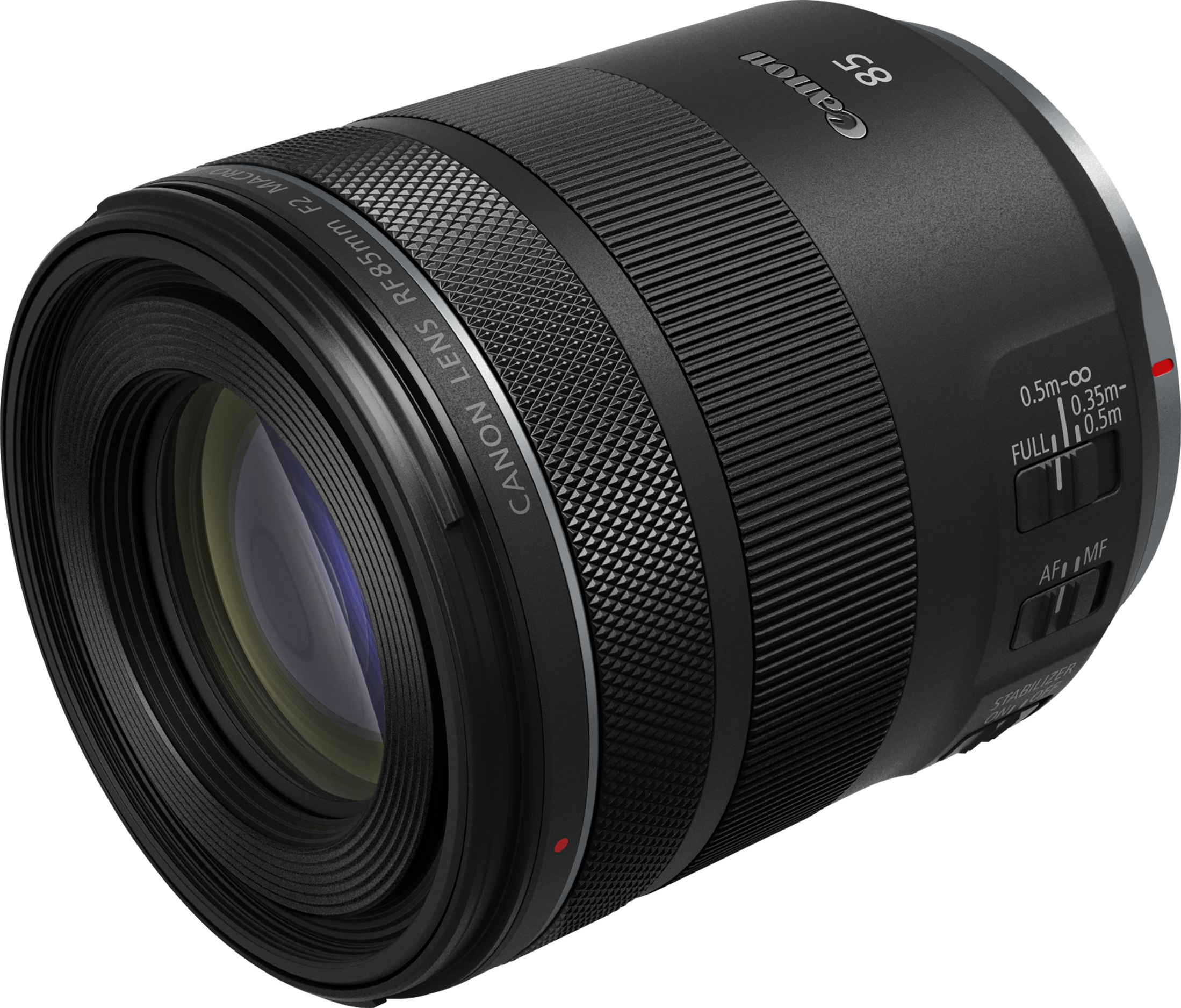 Obiettivo Canon 85mm nero con impostazioni di messa a fuoco. L'obiettivo è su sfondo bianco.