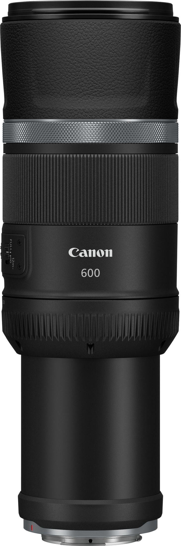 Objectif Canon 600mm noir avec limiteur de mise au point et grip caoutchouc.