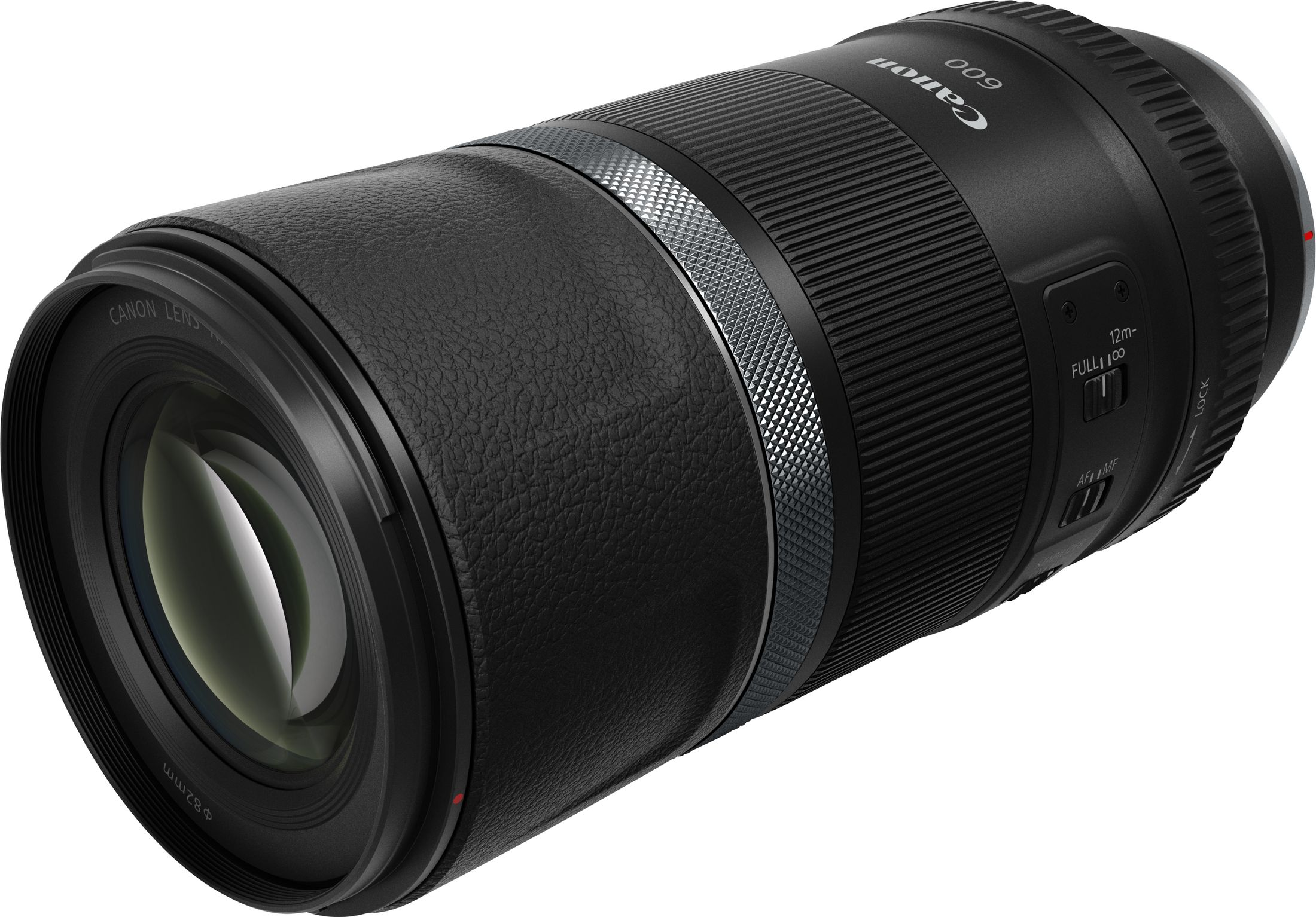 Objectif Canon RF 600mm f/11 IS STM noir avec bague de mise au point et commutateurs.