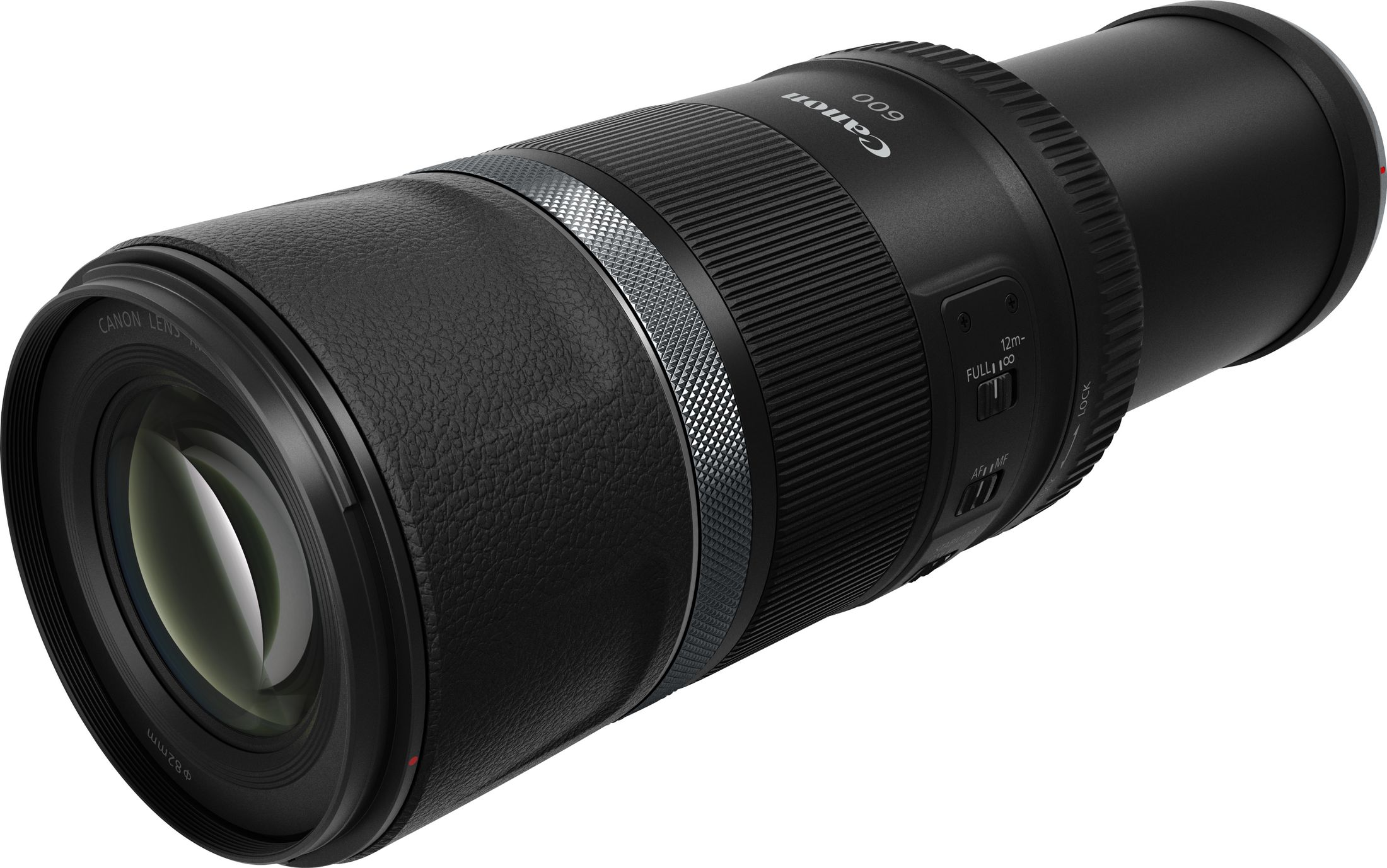 Un objectif Canon 600mm noir avec bagues de mise au point et zoom.