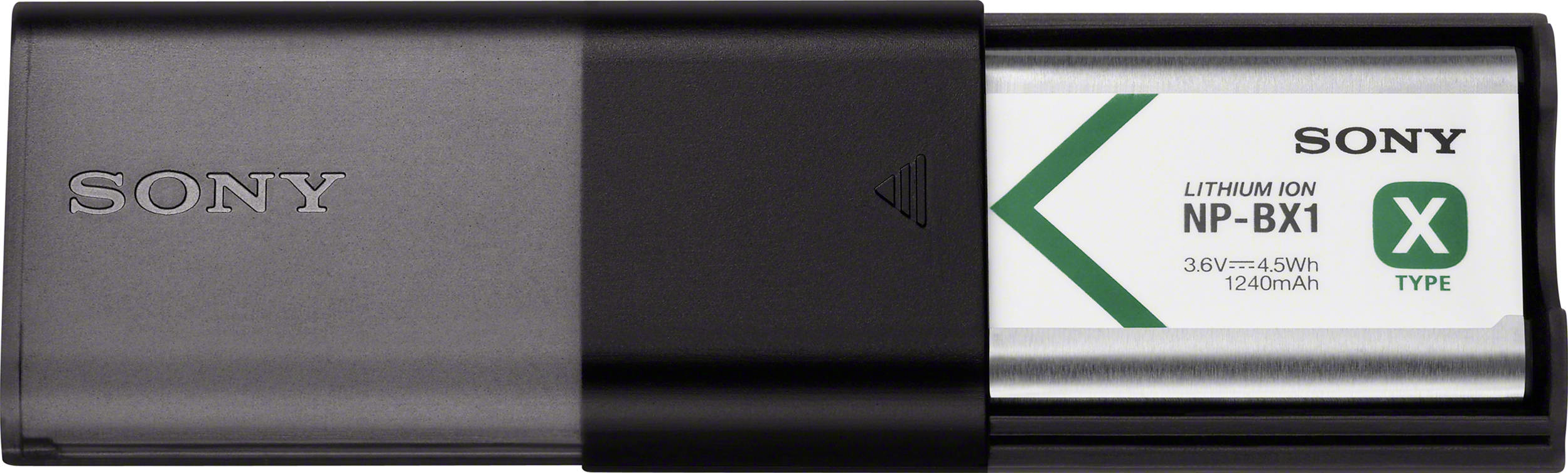 Una batteria SONY NP-BX1 in una custodia grigia e nera. La batteria ha etichette bianche e verdi.