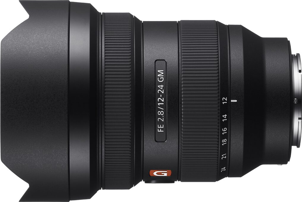 Sony FE 2.8/12-24 GM Kameraobjektiv mit Brennweitenmarkierungen.