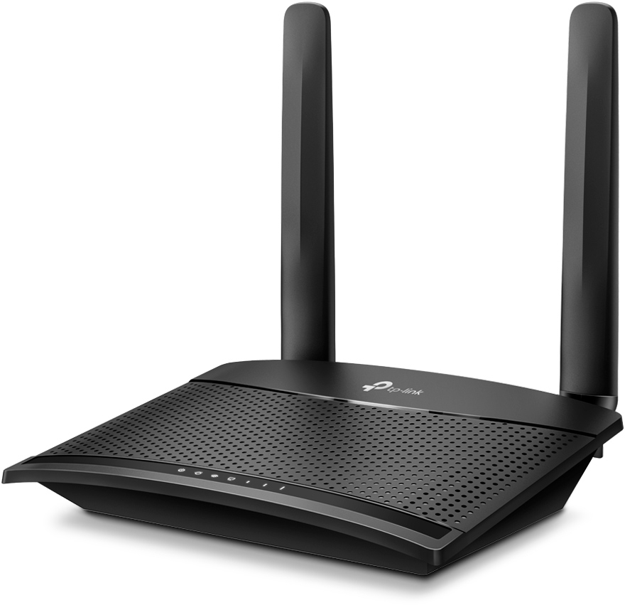 Egy fekete TP-Link router két antennával, enyhén megdöntve, fehér háttéren.