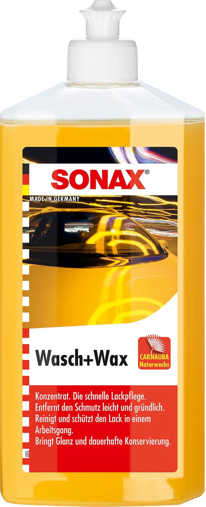 Sárga Sonax Wash+Wax flakon. Autó tükröződését mutatja. Szöveg: Tisztít, políroz és véd.