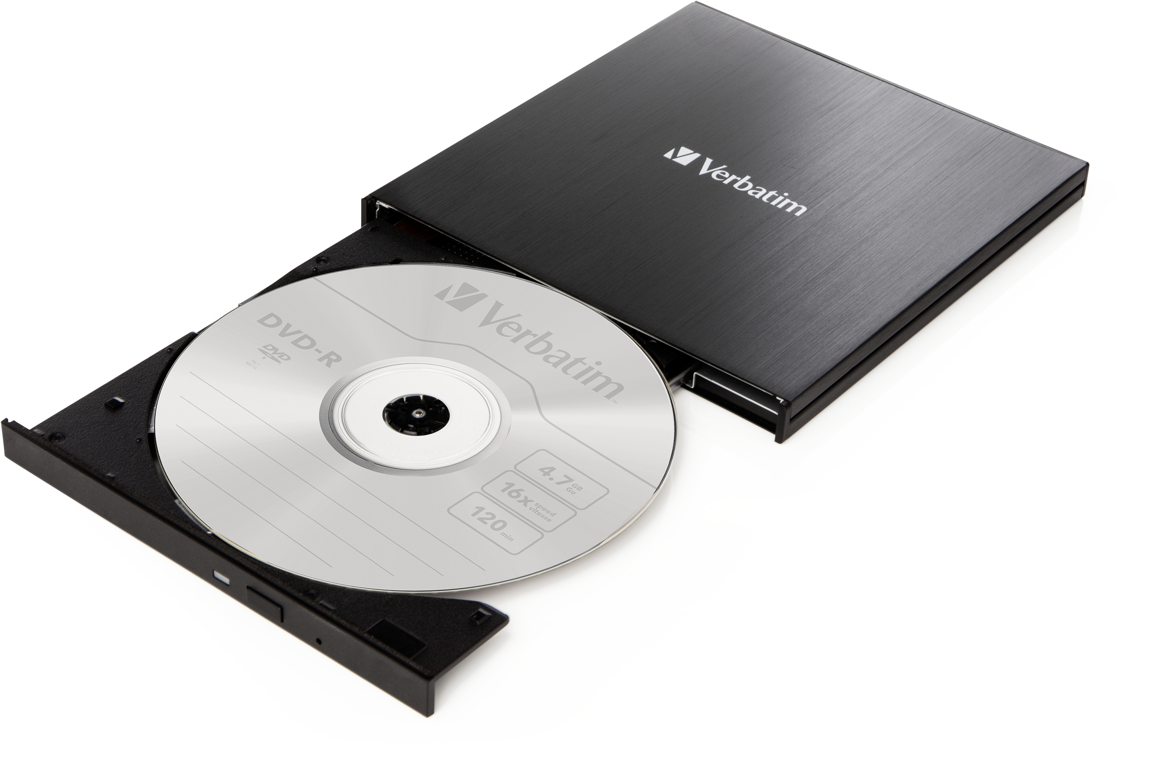 Schwarzes Verbatim DVD-R-Laufwerk mit offenem Fach und silberner DVD-R-Disc.