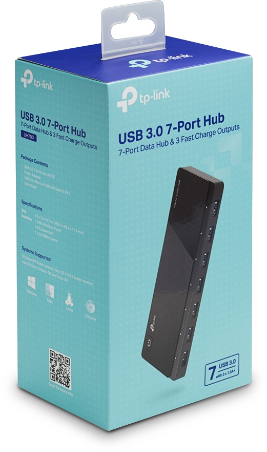 Dobozos USB 3.0 7 portos hub. Fekete hub a homlokzaton.