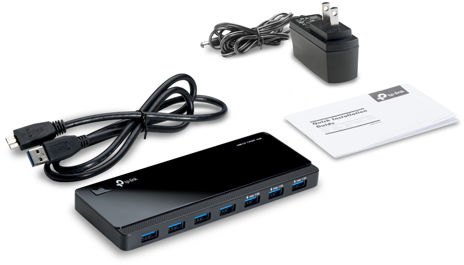 USB hub, hálózati adapter, kábelek és gyors telepítési útmutató.