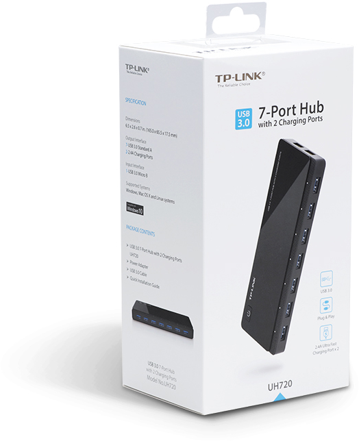 Fehér doboz TP-Link USB-elosztóval. Az elosztó fekete, 7 porttal. Szöveg a dobozon: USB 3.0 7-Port Hub.