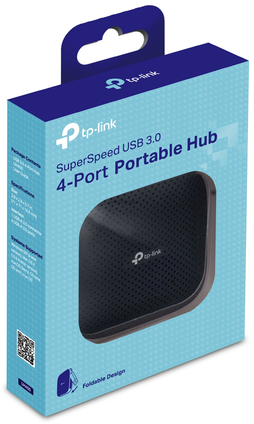Kék doboz fekete USB hubbal, 'tp-link' felirattal.