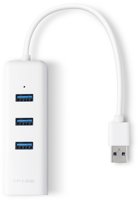 Fehér TP-Link USB hub három porttal és kábellel.
