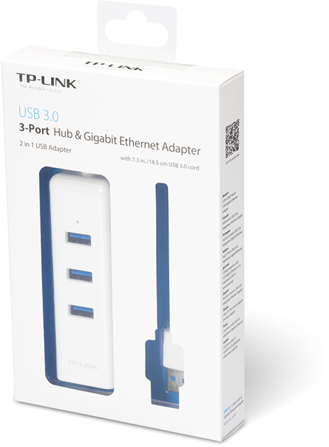 Egy TP-Link USB hub doboz, egy hub-bal és USB kábellel.