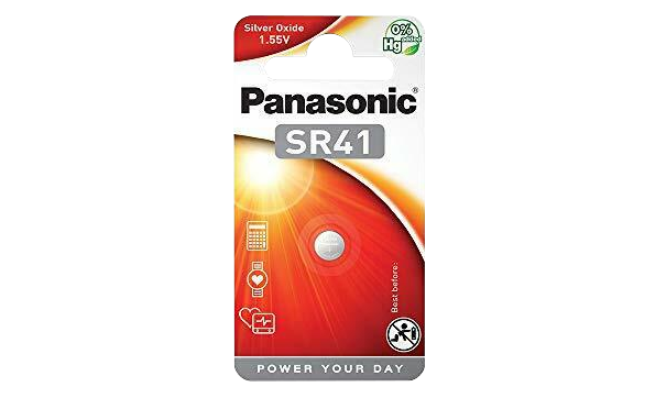 Akkumulátor csomag, piros és fehér, a szöveg szerint: Panasonic SR41.