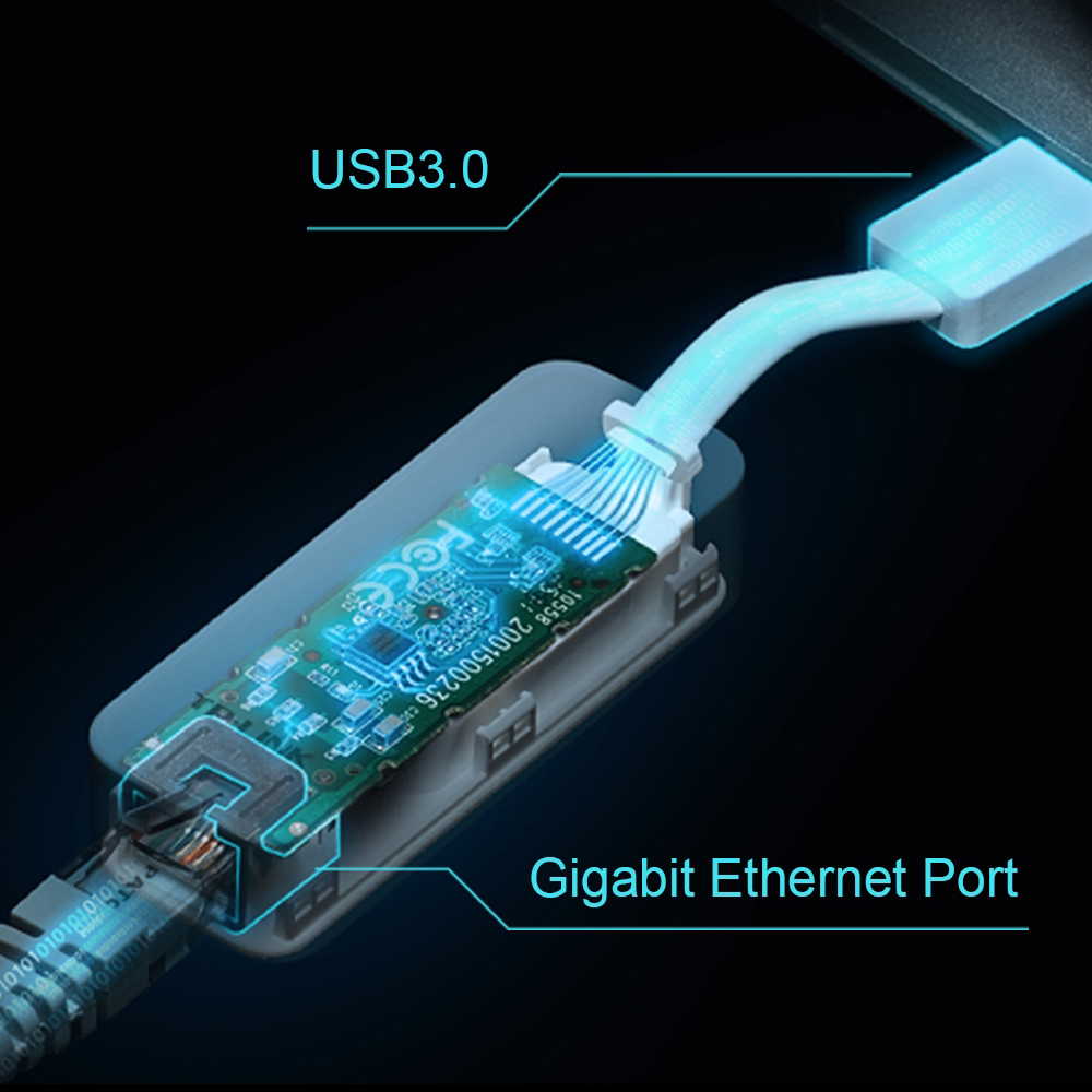 Egy USB 3.0 kábel egy Gigabit Ethernet porthoz csatlakoztatva egy eszközön.