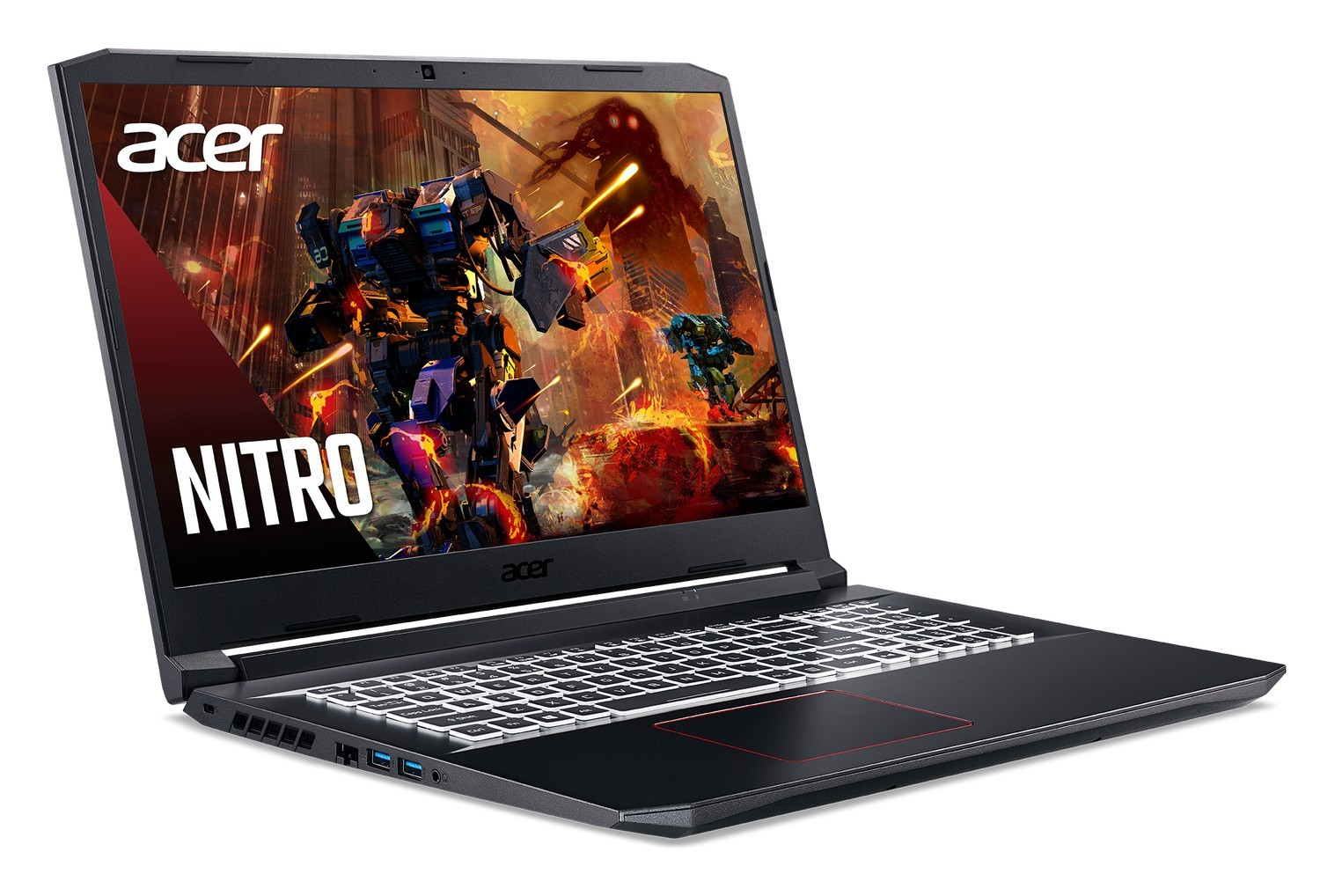 Laptop para juegos Acer Nitro abierto, mostrando un juego en pantalla. El portátil es negro con detalles rojos.