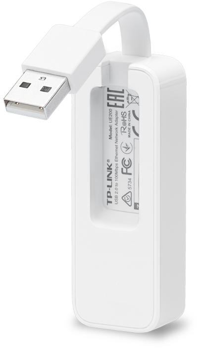 Fehér TP-Link USB hálózati adapter. USB csatlakozó felül, névvel a testen.