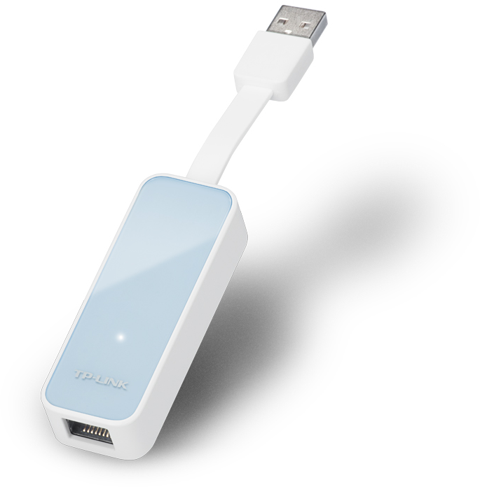 Egy TP-Link USB-Ethernet adapter, fehér és kék, USB csatlakozóval.
