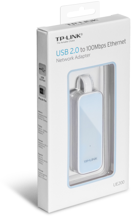 TP-Link USB Ethernet adapter fehér dobozban. A termék átlátszó ablakon keresztül látható.