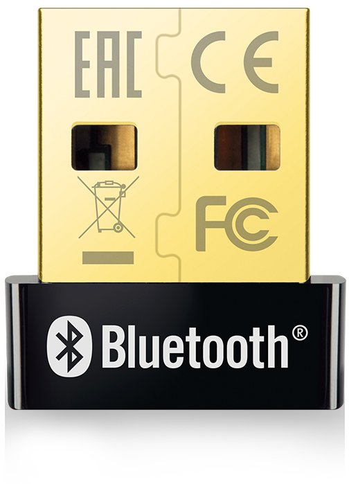 Arany és fekete USB Bluetooth adapter Bluetooth logóval.