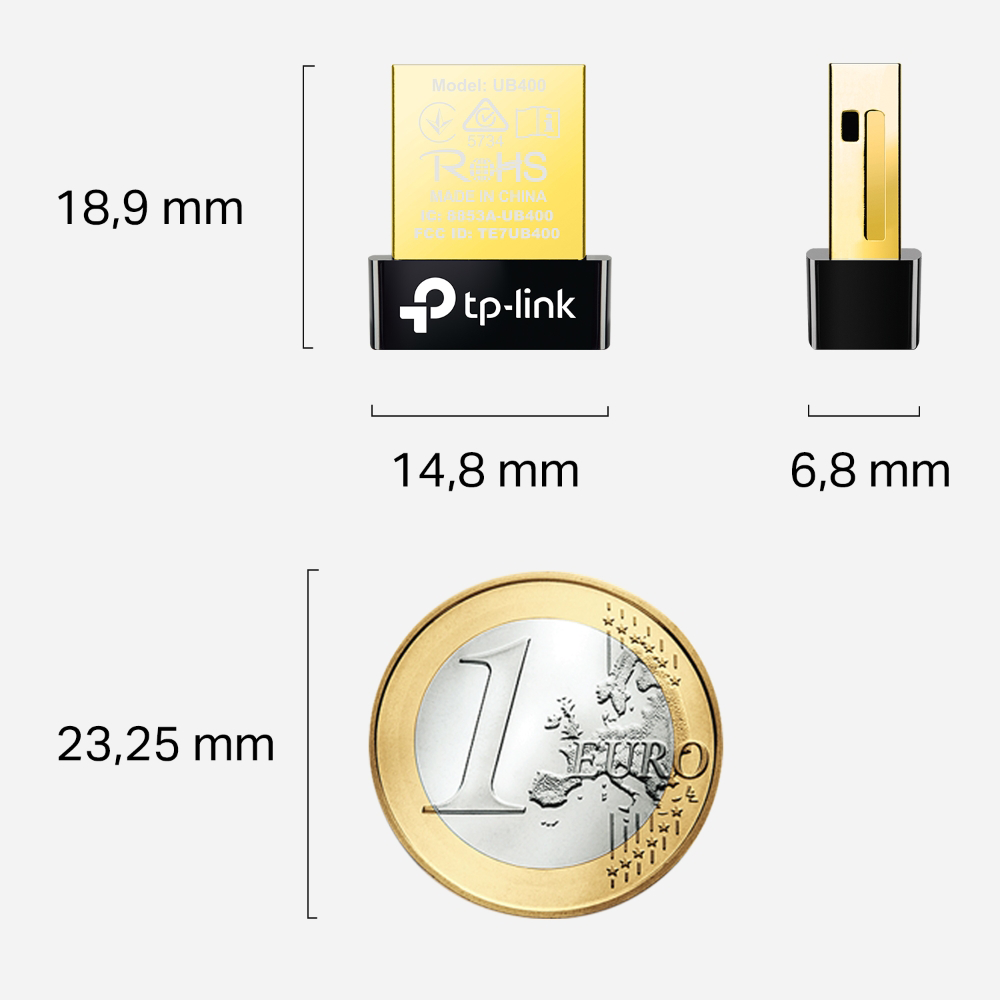 USB-adapter egy euró érme mellett. A méretek milliméterben vannak megadva. Fehér háttér.