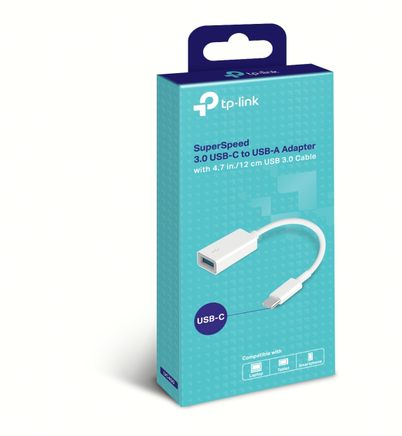 Fehér adapter USB-C kábellel egy kék és fehér dobozban.