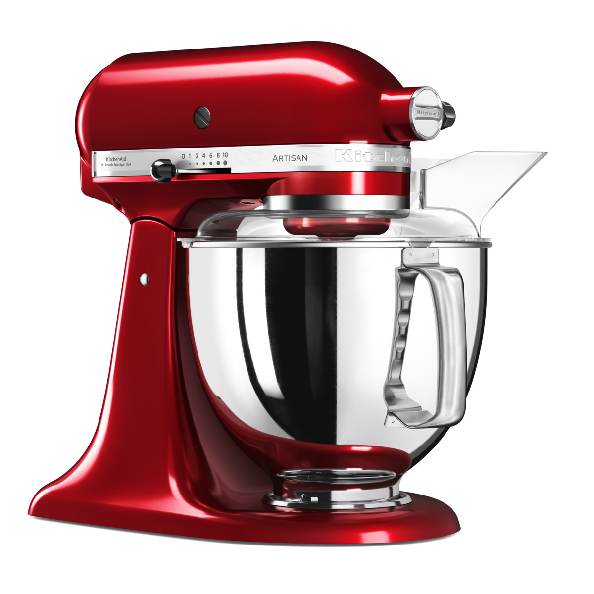 Ein roter KitchenAid-Küchenmixer mit einer Edelstahlschüssel und einem durchsichtigen Kunststoffschutz.