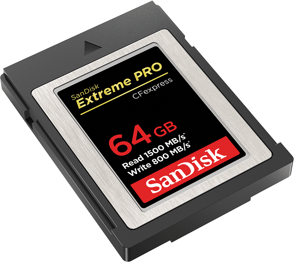 Eine SanDisk Extreme PRO CFexpress-Karte, schwarzer Rahmen, Text in Rot und Weiß.