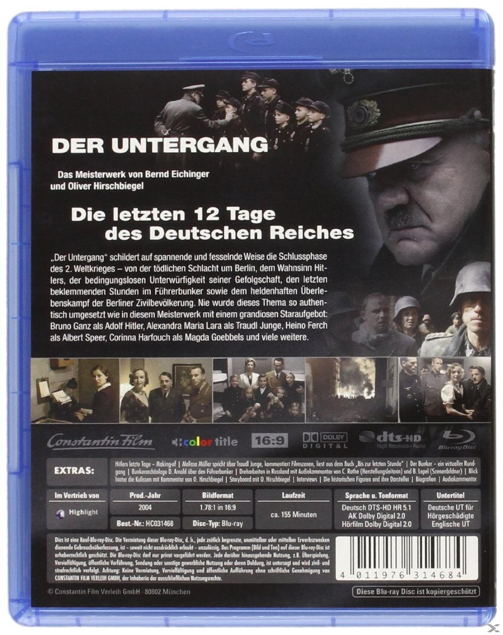 Rückseite einer Blu-ray-Disc-Hülle von 'Der Untergang' mit Filmstills und Text.