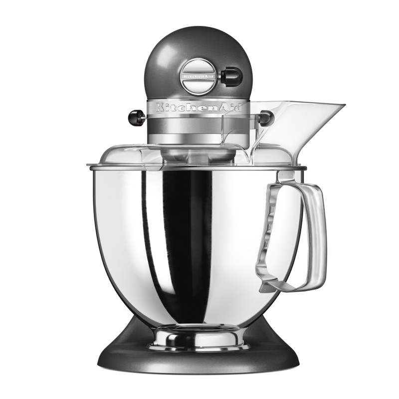 Ein KitchenAid-Küchenmixer in Grau, mit einem transparenten Gießschild.