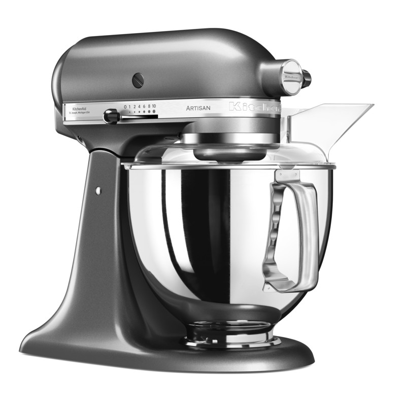 KitchenAid Küchenmaschine, metallgrau, mit Glasschüssel.
