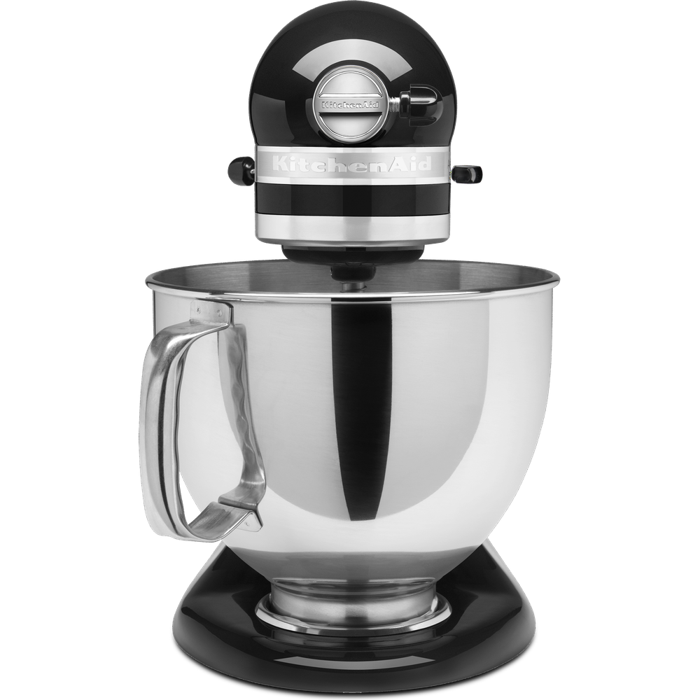 Ein schwarzer und silberner KitchenAid-Küchenmixer auf weißem Hintergrund.