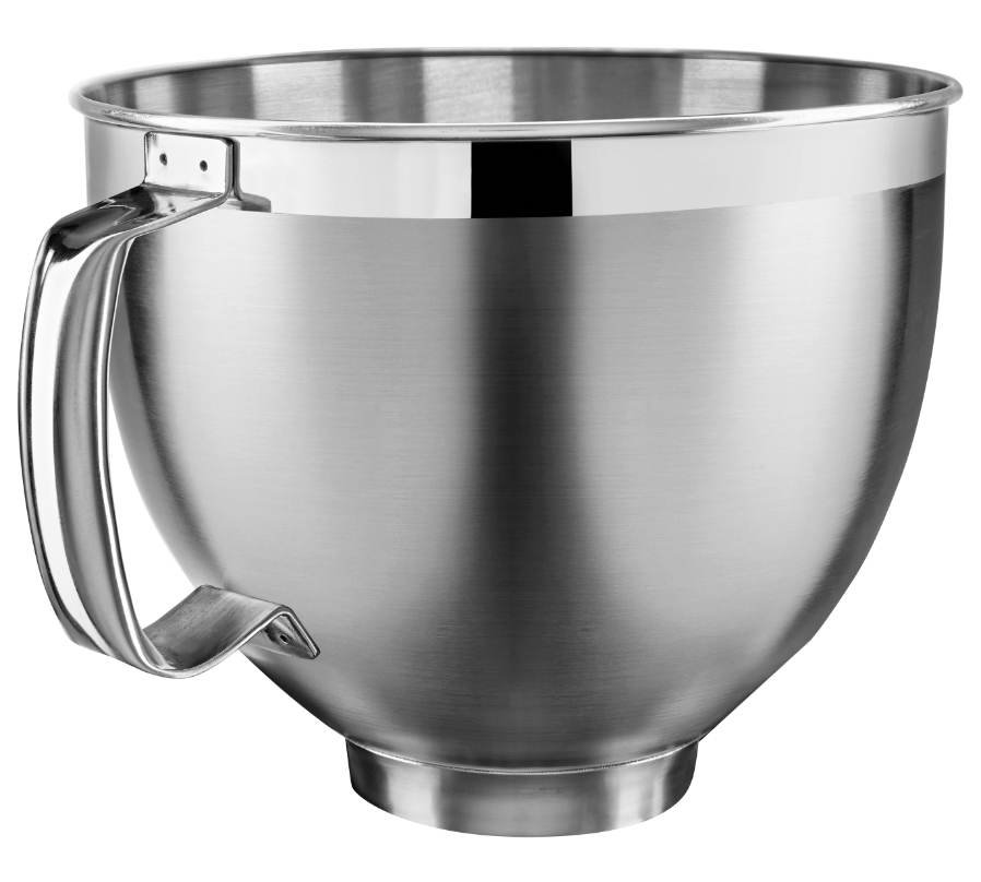 Edelstahl-KitchenAid-Rührschüssel mit Griff. Weißer Hintergrund.