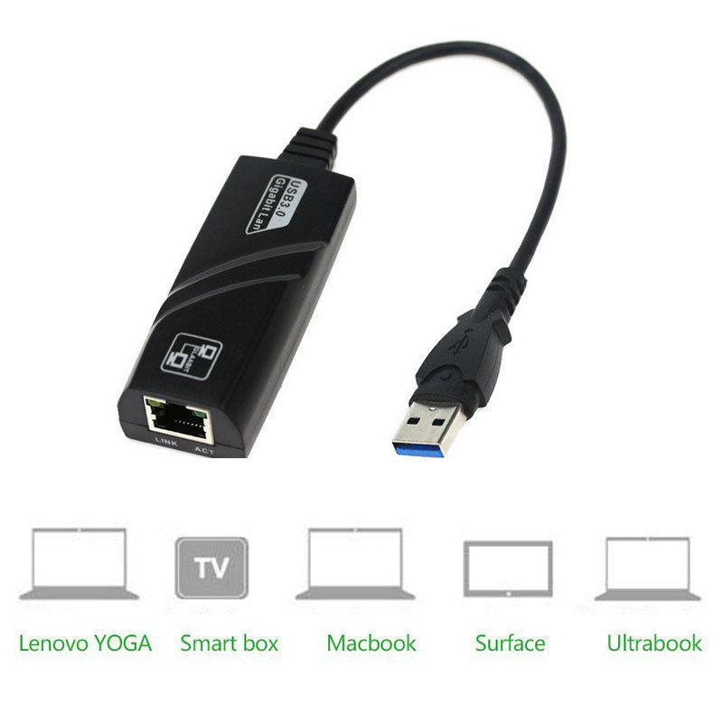 Siyah USB 3.0 - Gigabit Ethernet adaptörü, bir USB konektörü ve altta birkaç dizüstü bilgisayar simgesi ile.
