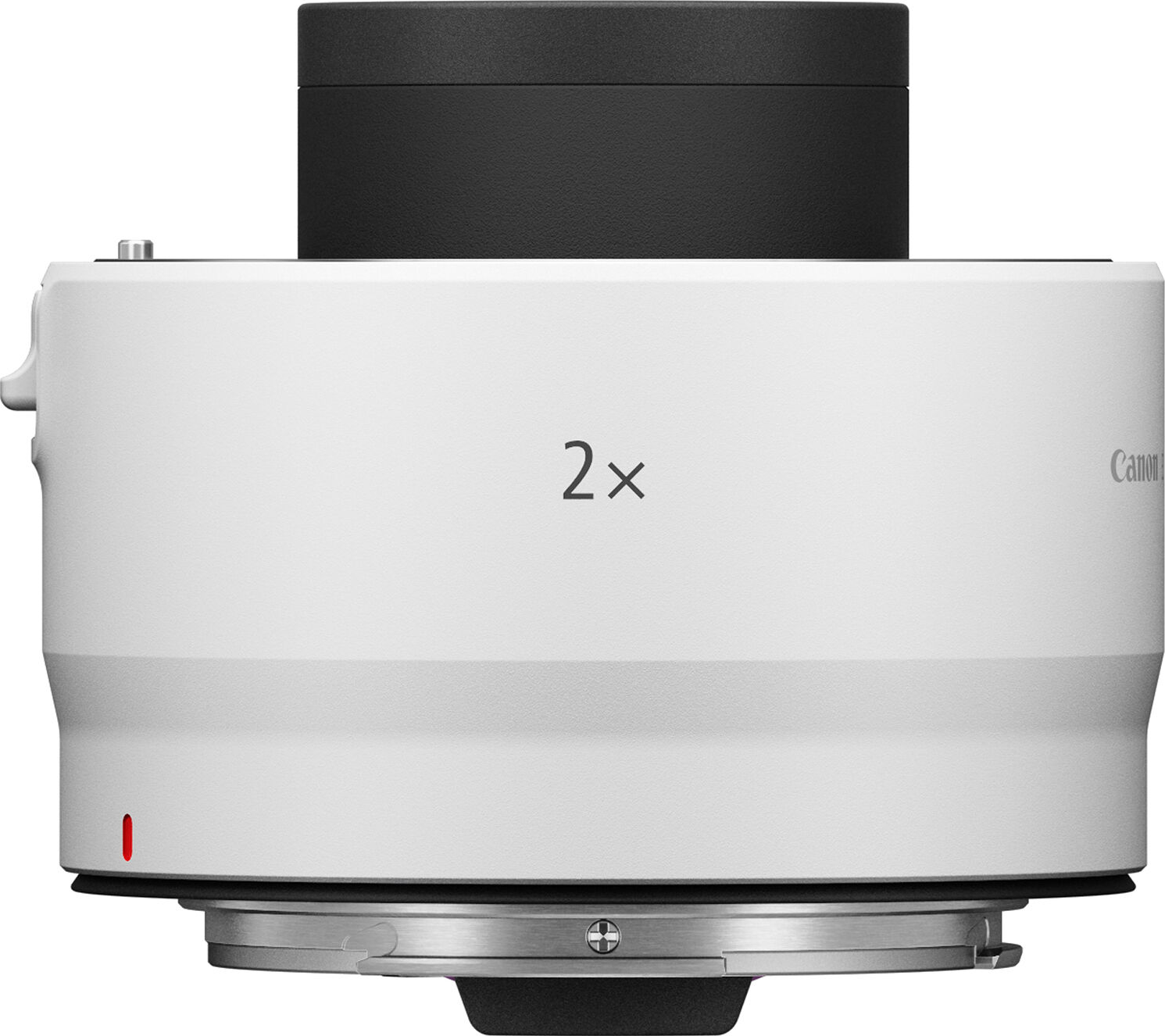 Objectif Canon blanc avec dessus noir. Il porte la marque 2x et un point rouge. L'objectif a une base argentée.